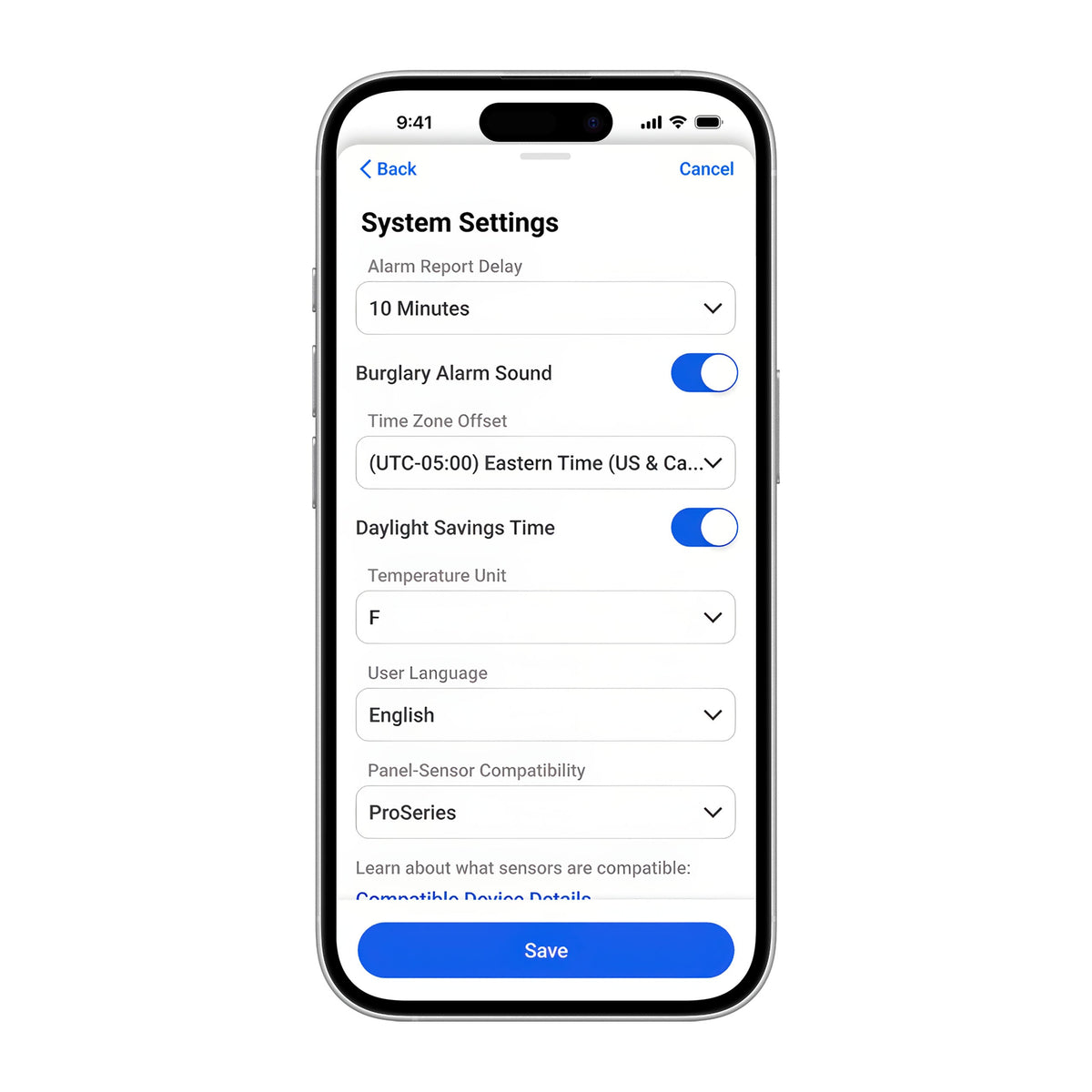 Pro-IQ-Security - System Settings - Front - phone screen